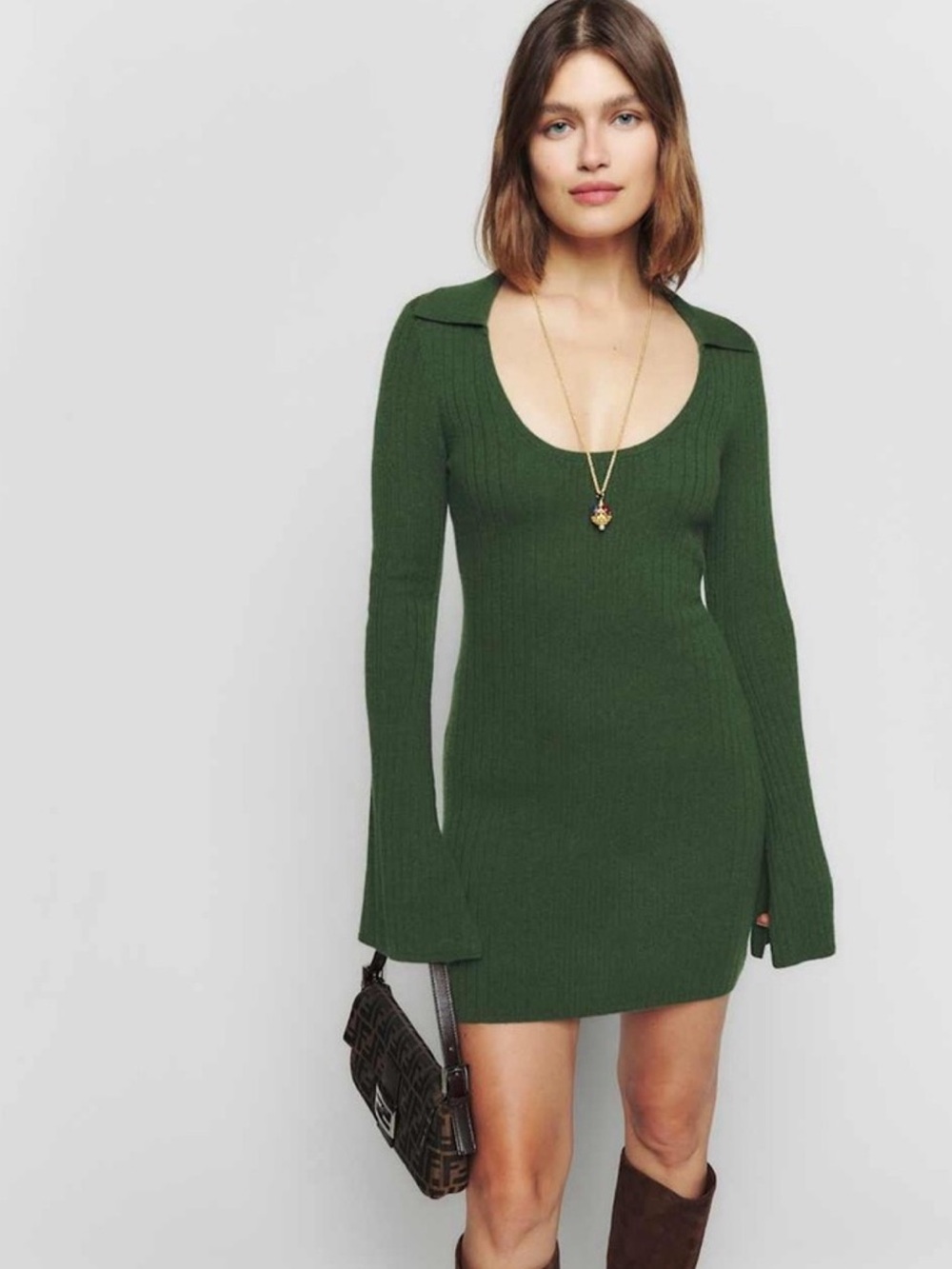 Reformation Farfalle Cashmere Mini Dress with Flared Sleeves in Cedar Green